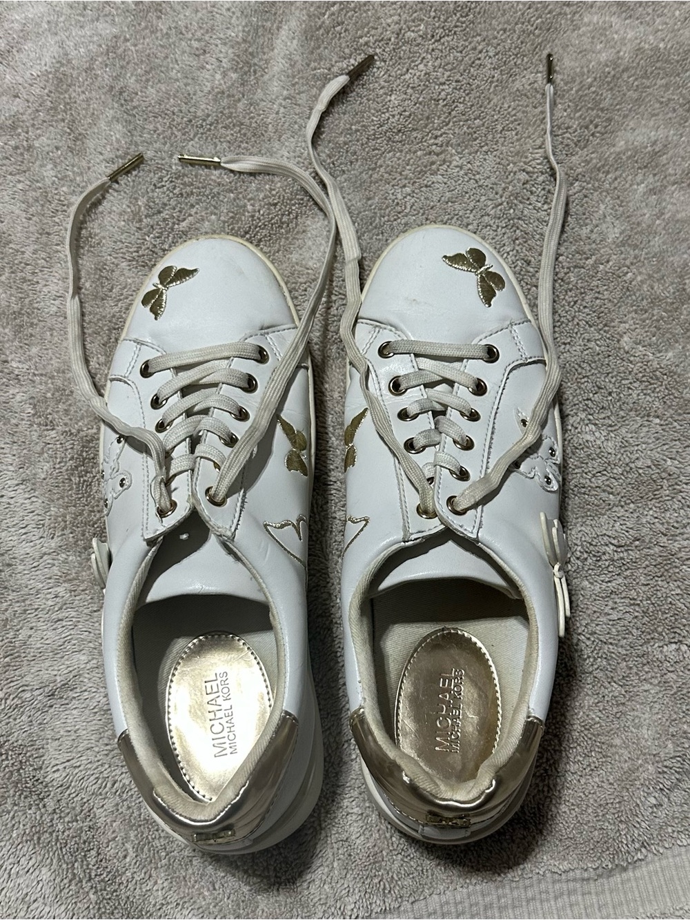 Michael Kors White Leather Sneakers with Gold Butterfly Details